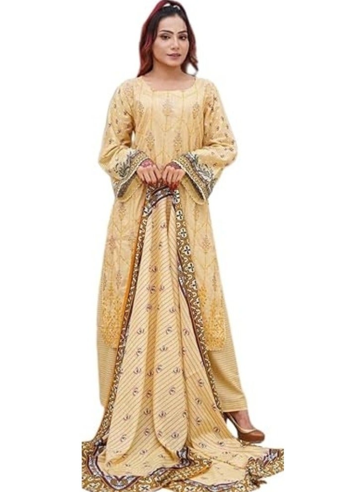 وينشيلز فستان ماكسي باكستاني مطرز - أصفر مزهر، أكمام جرسية وذيل طويل (مقاس كبير) - Image 1