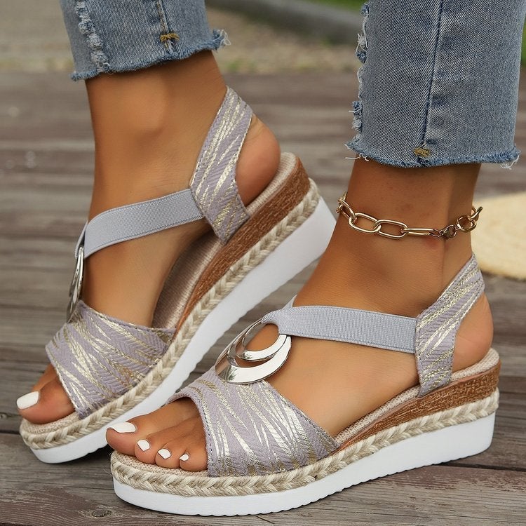 Women's Wedge Sandals with Metal Buckle and Rope Heel, Peep Toe, Plus Size - Image 5
