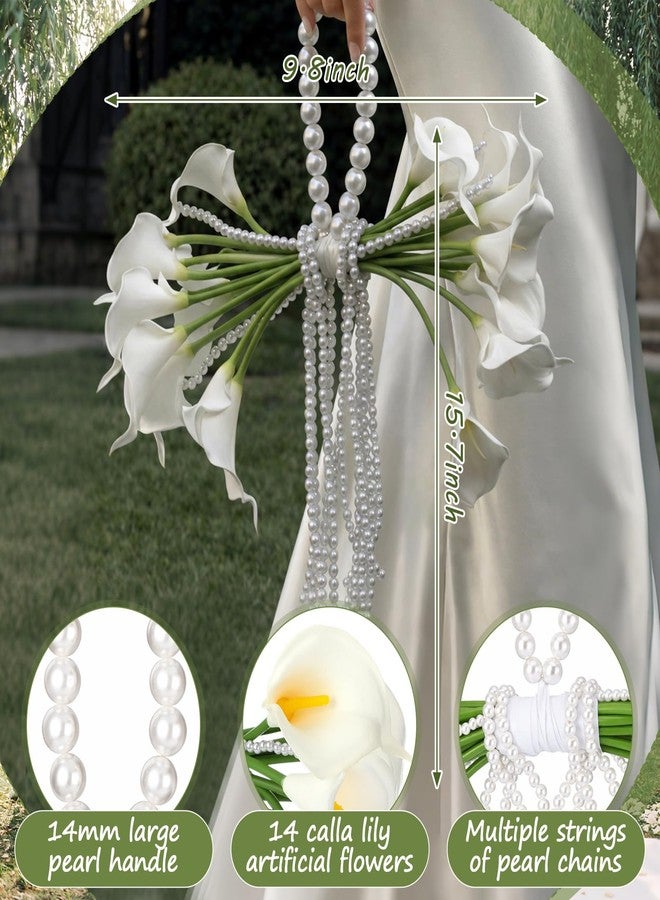 Yinder 14 Pcs Calla Lily Bridal Bouquet with Pearl Handle, Bridal Pearly Wedding Bouquet with Flowers with Pearl Bead for Wedding Marriage Party Church Bridesmaid - Image 3