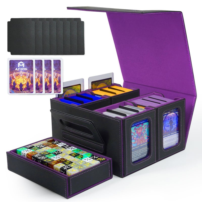 AFIING صندوق بطاقات AFIING Commander لـ MTG، يحمل أكثر من 400 بطاقة مزدوجة الأكمام، 4 صناديق بطاقات قابلة للإزالة مع نافذة عرض، صينية نرد/مقبض، منظم تخزين بطاقات التداول/فواصل لـ TCG (أسود بنفسجي) - Image 1