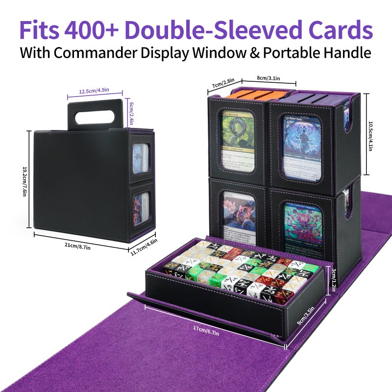 AFIING صندوق بطاقات AFIING Commander لـ MTG، يحمل أكثر من 400 بطاقة مزدوجة الأكمام، 4 صناديق بطاقات قابلة للإزالة مع نافذة عرض، صينية نرد/مقبض، منظم تخزين بطاقات التداول/فواصل لـ TCG (أسود بنفسجي) - Image 2