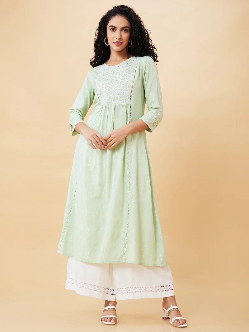 globus Globus Women Green Ethnic Motifs Yoke Design Thread & Mirror Work Pure Cotton A-Line Kurta