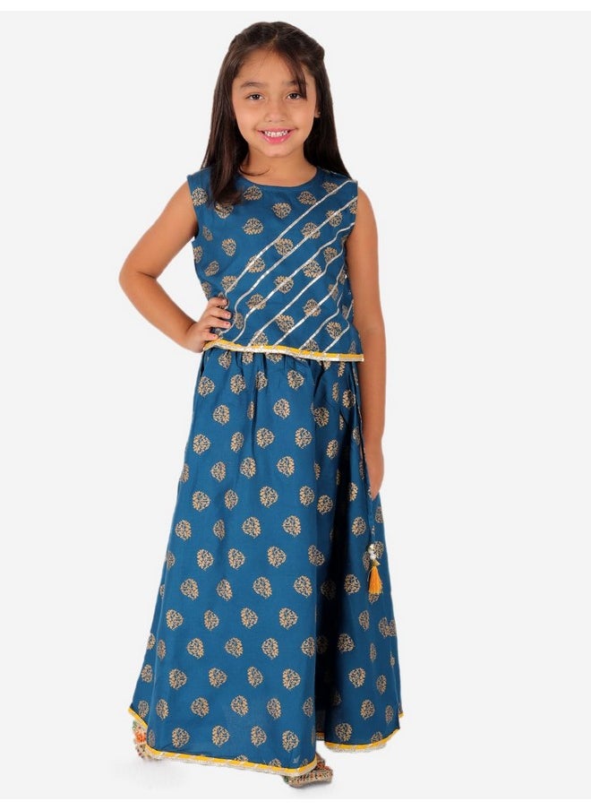Superminis - superminis Baby Girls Sanganeri Printed Sleeveless Rayon Choli With Lehnga Salwar Dress (2-3 Years, Blue) - Image 1