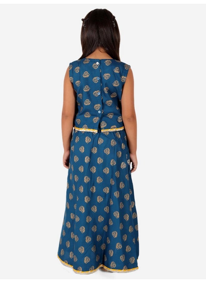 Superminis - superminis Baby Girls Sanganeri Printed Sleeveless Rayon Choli With Lehnga Salwar Dress (2-3 Years, Blue) - Image 1