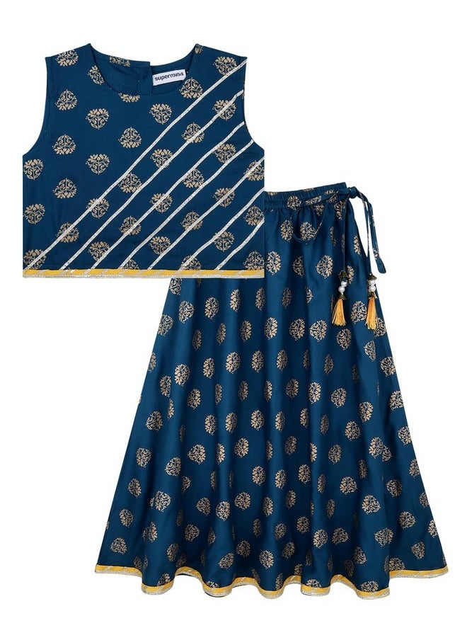 Superminis - superminis Baby Girls Sanganeri Printed Sleeveless Rayon Choli With Lehnga Salwar Dress (2-3 Years, Blue) - Image 1