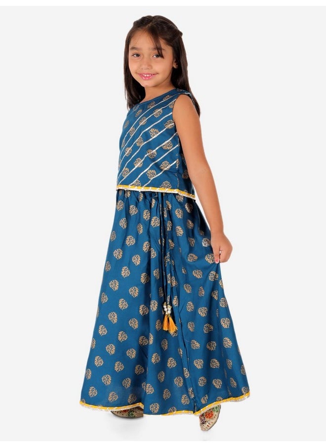 Superminis - superminis Baby Girls Sanganeri Printed Sleeveless Rayon Choli With Lehnga Salwar Dress (2-3 Years, Blue) - Image 1