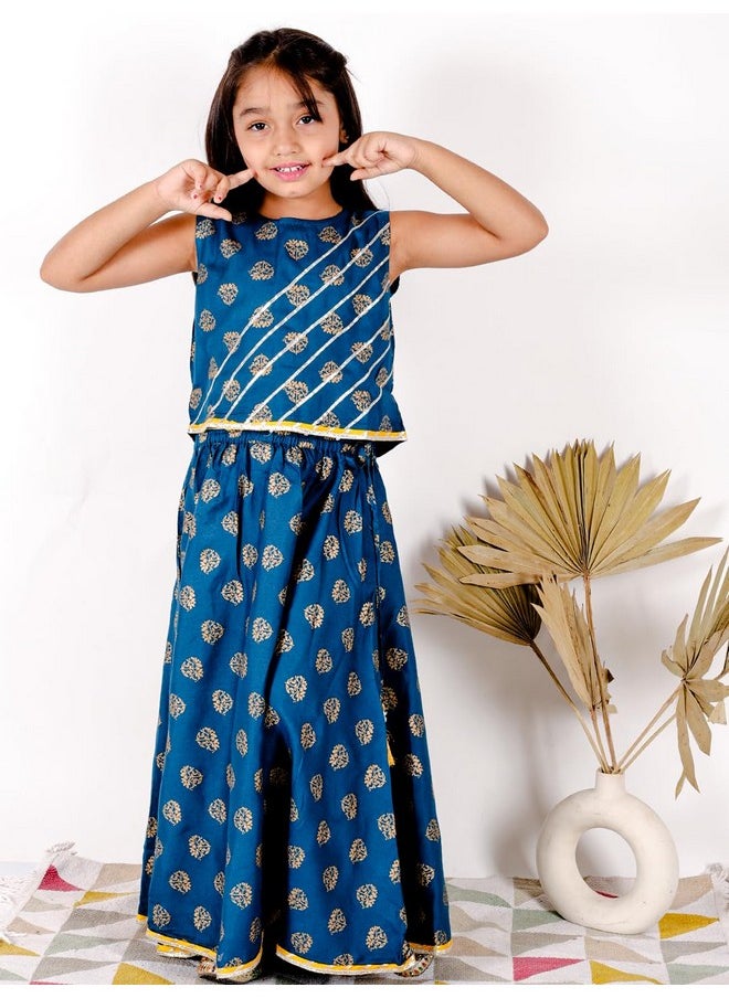 Superminis - superminis Baby Girls Sanganeri Printed Sleeveless Rayon Choli With Lehnga Salwar Dress (2-3 Years, Blue) - Image 1