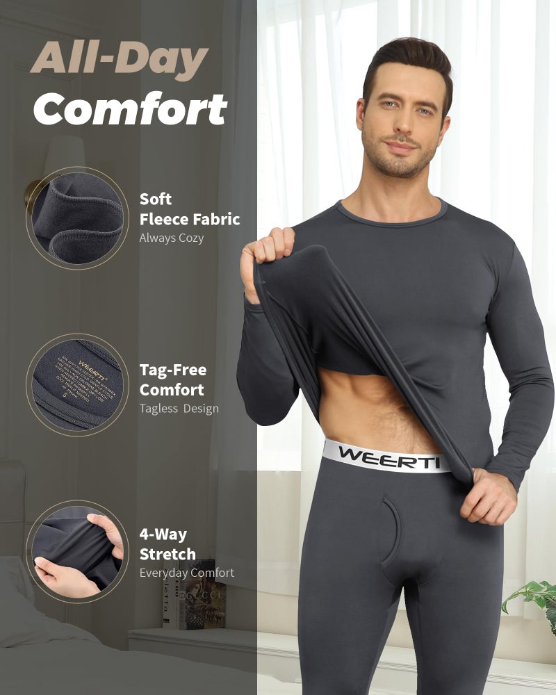 WEERTI Thermal Underwear for Men Long Johns with Fleece Lined Base Layer Men Cold Weather Top Bottom Charcoal - Image 2