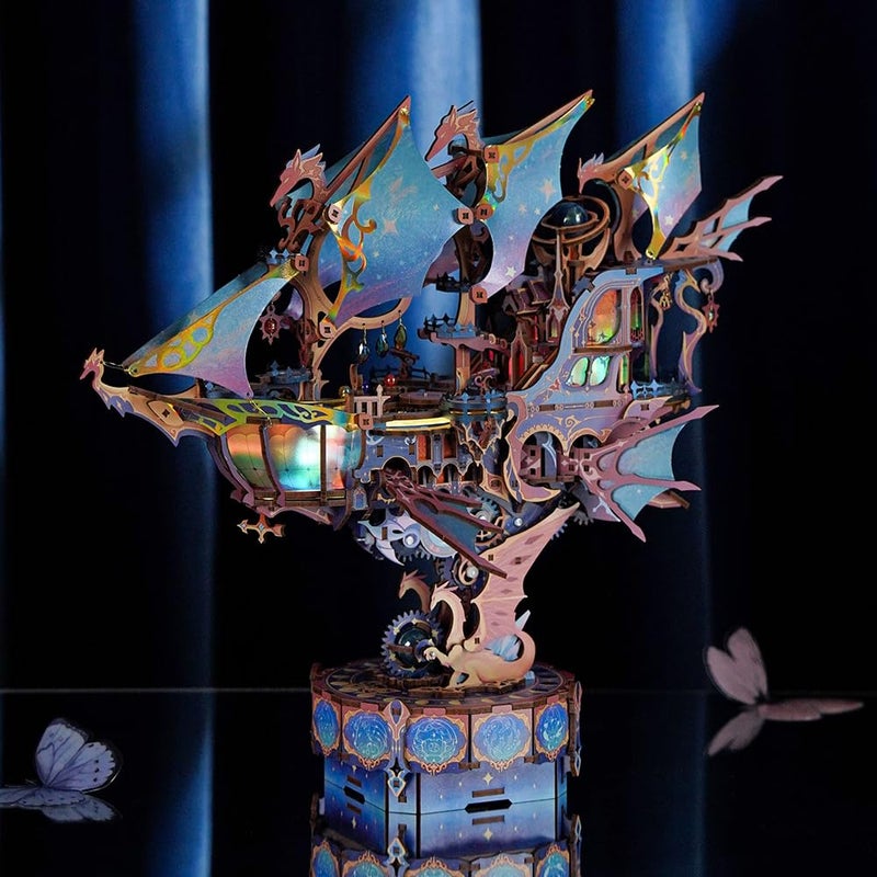 Tonecheer 3D Wooden Puzzle Airship Model Kit, DIY Transmission Model Fantasy Ship Spaceship with Music, Movable Building Kit Starlight Craft Mechanical Decor Idea Gift for Adults - Magical Galaxy - Image 5