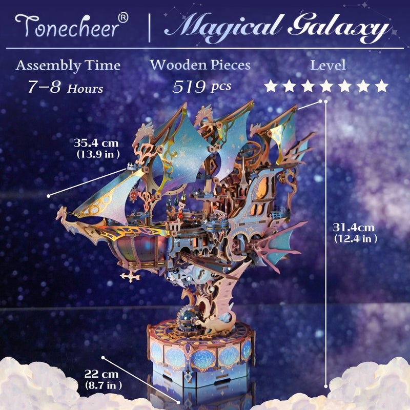 Tonecheer 3D Wooden Puzzle Airship Model Kit, DIY Transmission Model Fantasy Ship Spaceship with Music, Movable Building Kit Starlight Craft Mechanical Decor Idea Gift for Adults - Magical Galaxy - Image 3
