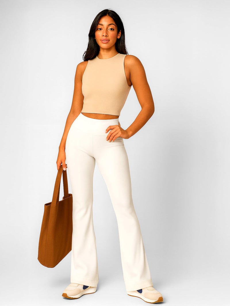 Conceited Wide Leg Yoga Pants Women - Flare Leggings - Tummy Control - High Waist - Workout - Gym - Off White - Large - Image 2