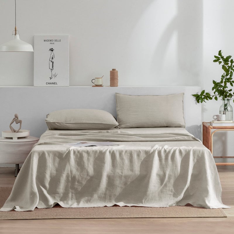 EVERLY Linen Sheets Set California King Size 100% French Stonewash Linen Sheets Set 4Pieces (1Flat Sheet 1Fitted Sheet 2Pillowcase) Suitable for Hot Sleepers Deep Pocket Natural Bedding Set-Linen - Image 1