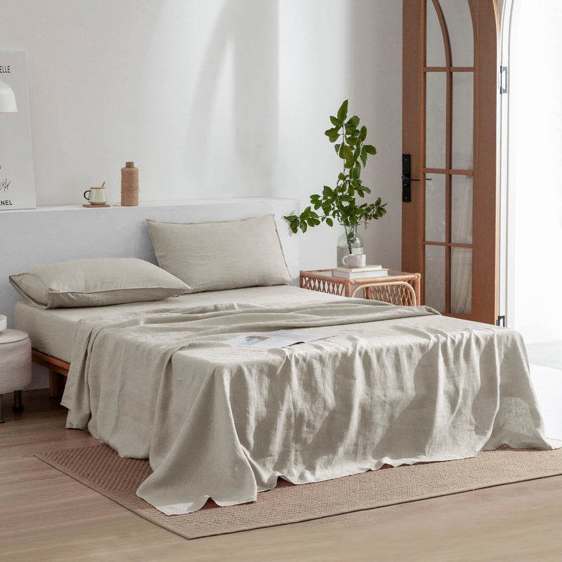 EVERLY Linen Sheets Set California King Size 100% French Stonewash Linen Sheets Set 4Pieces (1Flat Sheet 1Fitted Sheet 2Pillowcase) Suitable for Hot Sleepers Deep Pocket Natural Bedding Set-Linen - Image 2