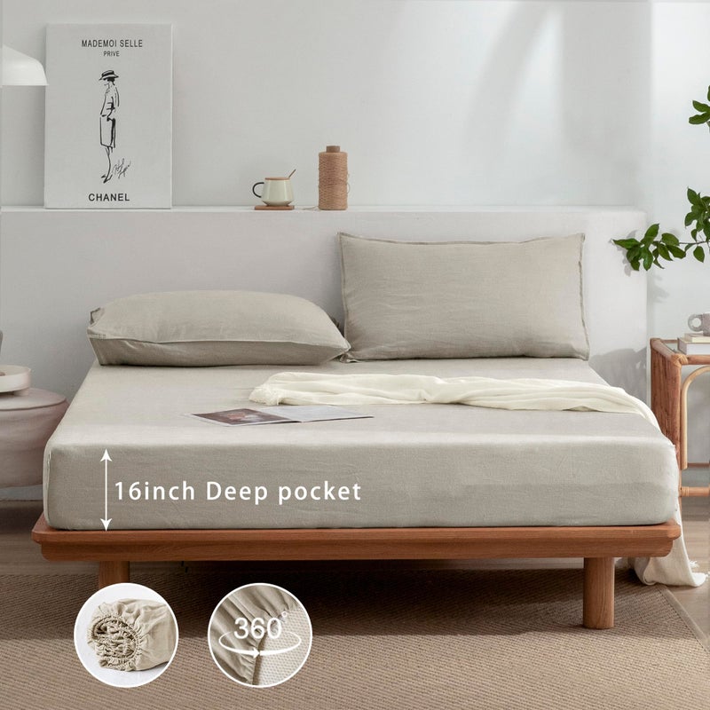 EVERLY Linen Sheets Set California King Size 100% French Stonewash Linen Sheets Set 4Pieces (1Flat Sheet 1Fitted Sheet 2Pillowcase) Suitable for Hot Sleepers Deep Pocket Natural Bedding Set-Linen - Image 5