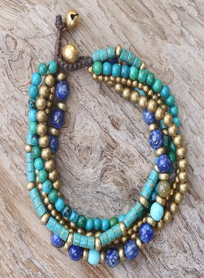 NOVICA Artisan Handmade Multigemstone Beaded Bracelet from Thailand Brass Reconstituted Turquoise Agate Serpentine Gold Blue Multicolor 'Freedom of Expression in Blue' - Image 2