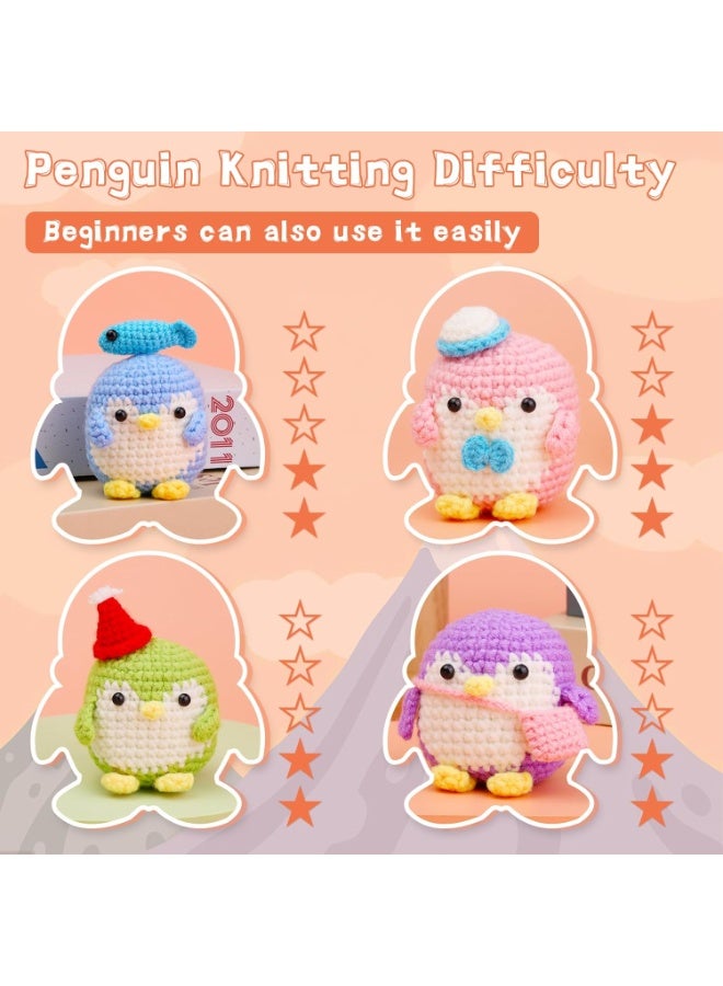 Flushrenic Penguins Dolls, Crochet Kit for Beginners,4 Pack Crochet Kit for Beginners, Beginner Animal Kit, Cute Starter with Instruction Manual, 2 Hooks, Colored Yarns, 5 Stitch Markers Complete Set to Make Penguins - Image 4