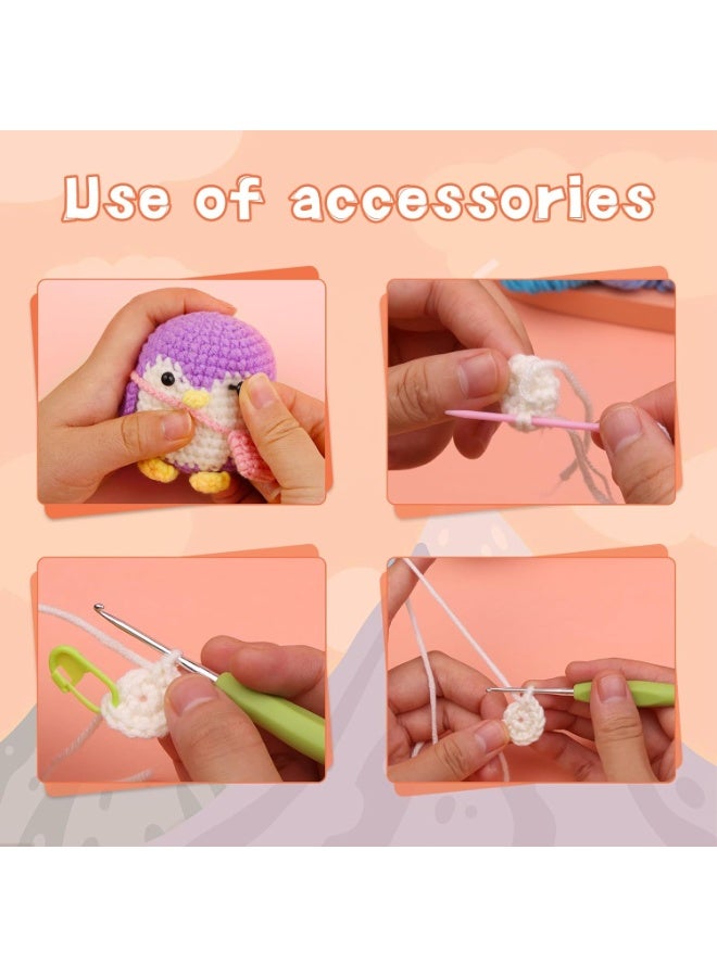 Flushrenic Penguins Dolls, Crochet Kit for Beginners,4 Pack Crochet Kit for Beginners, Beginner Animal Kit, Cute Starter with Instruction Manual, 2 Hooks, Colored Yarns, 5 Stitch Markers Complete Set to Make Penguins - Image 5