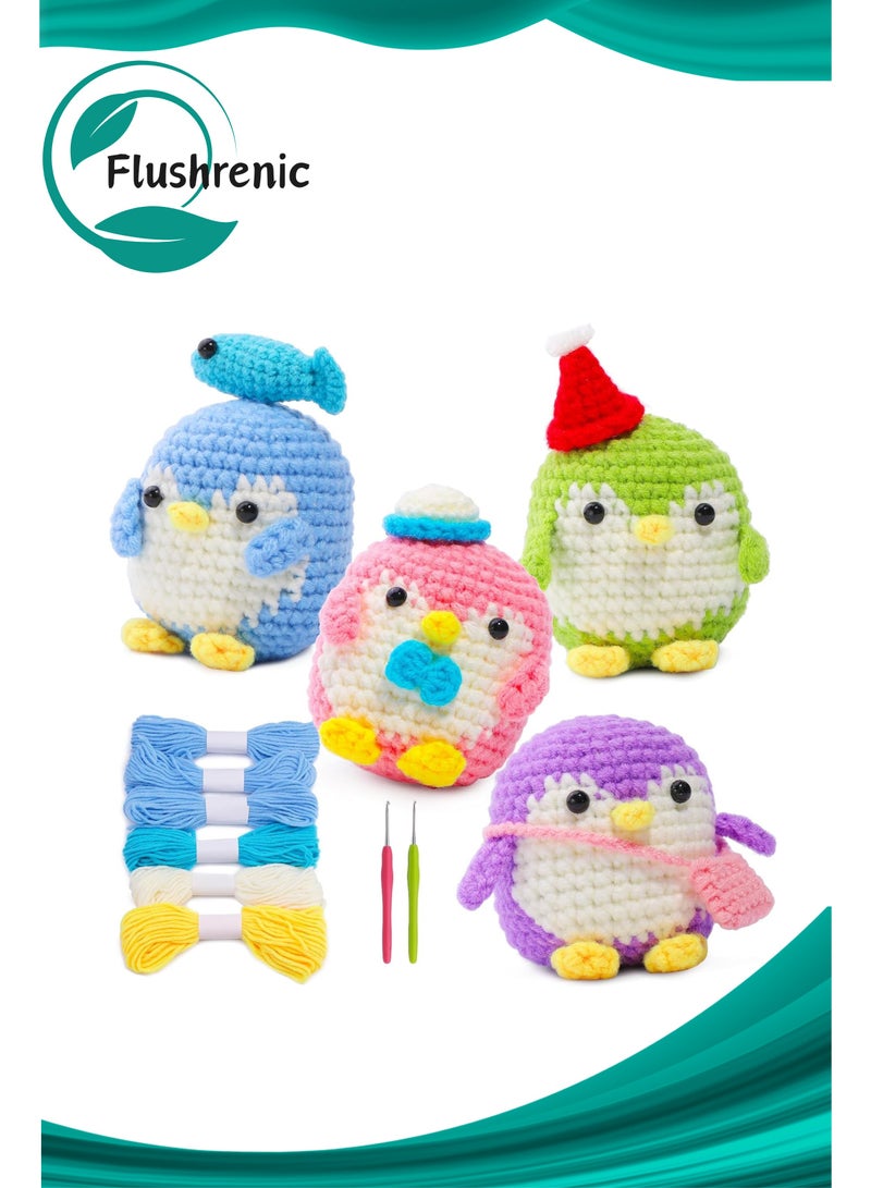 Flushrenic Penguins Dolls, Crochet Kit for Beginners,4 Pack Crochet Kit for Beginners, Beginner Animal Kit, Cute Starter with Instruction Manual, 2 Hooks, Colored Yarns, 5 Stitch Markers Complete Set to Make Penguins - Image 1
