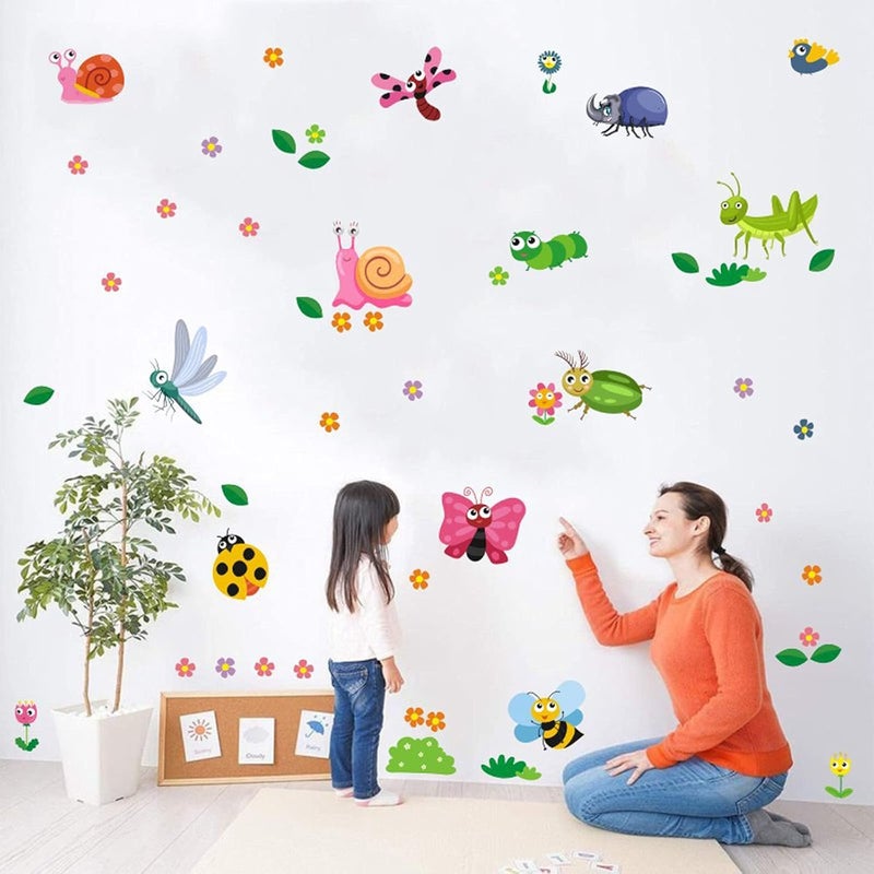 Maydahui Cartoon Insect Wall Decals Stickers 50 x 50 Inch Butterfly Ant Flower Leaf Caterpillar Ladybug Dragonfly Mantis Snail Bird Little Bee Snake Cloud Butterfly DIY Removable Cute Animals Wall - Image 2