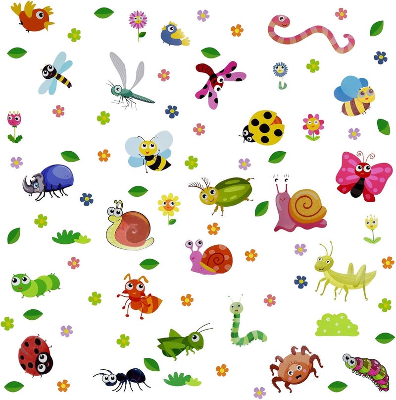 Maydahui Cartoon Insect Wall Decals Stickers 50 x 50 Inch Butterfly Ant Flower Leaf Caterpillar Ladybug Dragonfly Mantis Snail Bird Little Bee Snake Cloud Butterfly DIY Removable Cute Animals Wall - Image 1