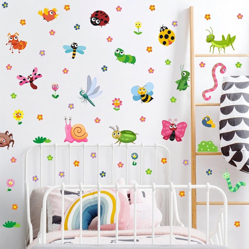 Maydahui Cartoon Insect Wall Decals Stickers 50 x 50 Inch Butterfly Ant Flower Leaf Caterpillar Ladybug Dragonfly Mantis Snail Bird Little Bee Snake Cloud Butterfly DIY Removable Cute Animals Wall - Image 5
