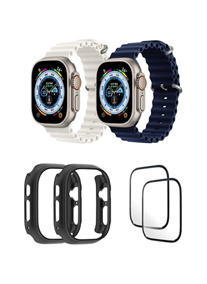 vesus - Silicone Ocean Band Strap for Apple Watch Ultra 8 49mm Snow White/Dark Blue , Case Compatible with Apple Watch Ultra 49mm Black/Black , 2* pcs Watch glass Set of 6 - Image 1