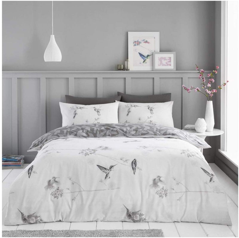 GC GAVENO CAVAILIA Luxury Humming Bird Floral Bedding Set Double Grey Easy Care Super Soft Comfy Reversible Botancial Bed Set