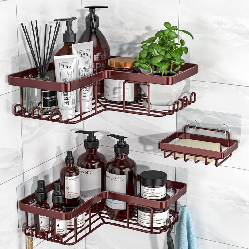 YASONIC Corner Shower Caddy, 3-Pack Adhesive Shower Caddy with Soap Holder and 12 Hooks, Rustproof Stainless Steel, No Drilling Wall Mounted Rack Organizer, for Bathroom, Bronze - Image 1