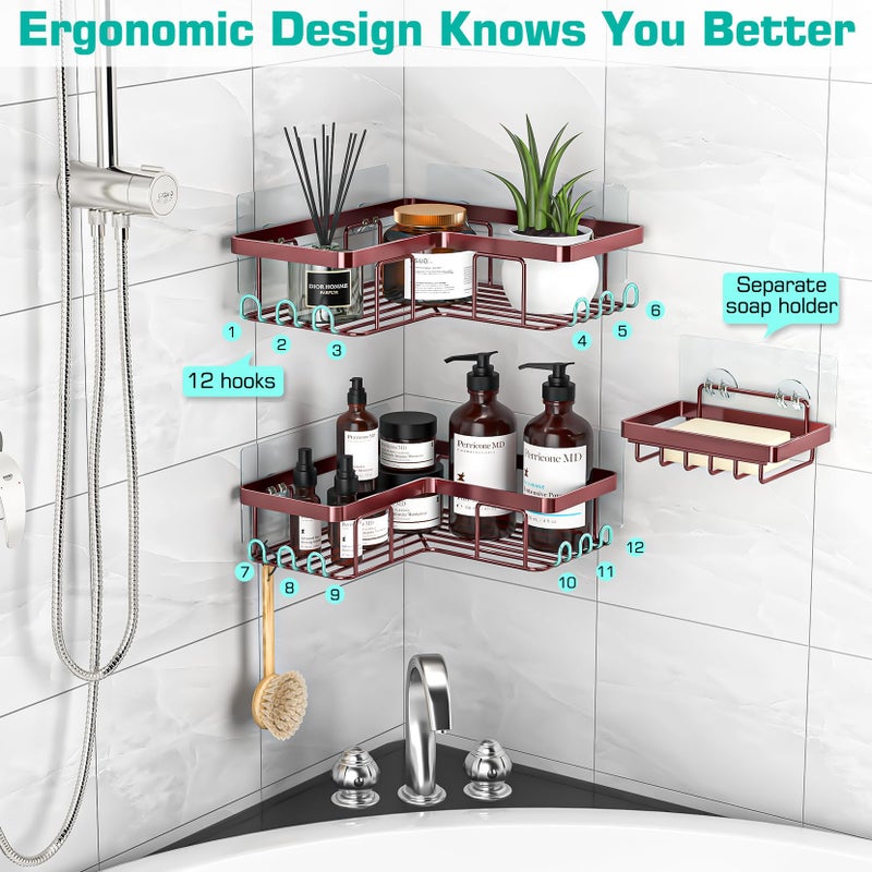 YASONIC Corner Shower Caddy, 3-Pack Adhesive Shower Caddy with Soap Holder and 12 Hooks, Rustproof Stainless Steel, No Drilling Wall Mounted Rack Organizer, for Bathroom, Bronze - Image 4