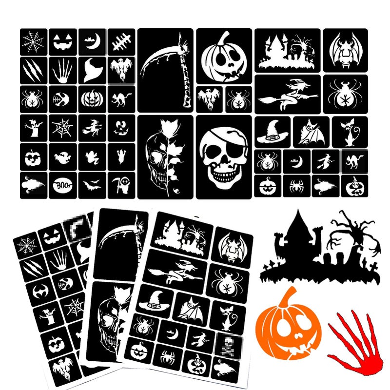 XMASIR 45Pcs Halloween Glitter Tattoo Stencil Kit for Kids,Halloween Pumpkin Stencils Temporary Tattoo Sticker Children Drawing Templates(3 Sheets)