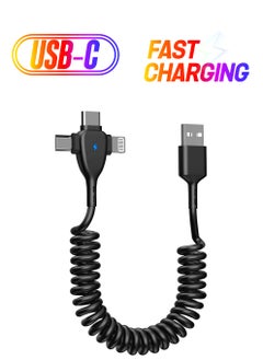 3 in 1 Coiled Lightning Cable for Car Coil iPhone Charger Cable, USB Cable Fast Charger Compatible with Lightning Type-C Micro USB for iPhone 14 13 12 11 XS XR X 8 7 Support iOS Android Tablets PC
