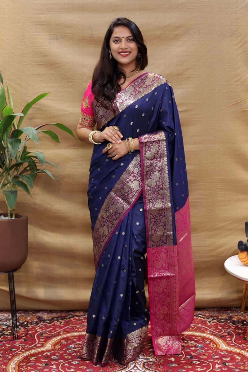 AMIRAT Women's Banarasi Saree Soft new ladies 2024 Design Wear Pattu Sarees Latest Cotton Party Sari collections With Blouse Piece for Wedding sadi (Navy Blue) - Image 2