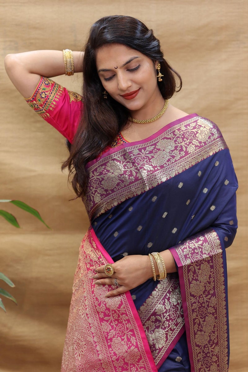 AMIRAT Women's Banarasi Saree Soft new ladies 2024 Design Wear Pattu Sarees Latest Cotton Party Sari collections With Blouse Piece for Wedding sadi (Navy Blue) - Image 5