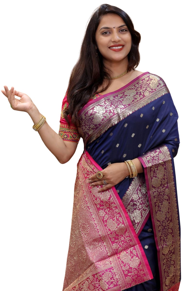 AMIRAT Women's Banarasi Saree Soft new ladies 2024 Design Wear Pattu Sarees Latest Cotton Party Sari collections With Blouse Piece for Wedding sadi (Navy Blue) - Image 1
