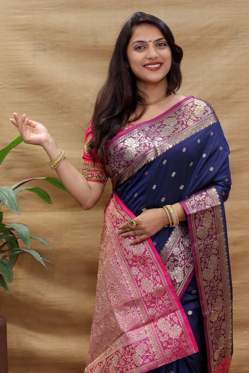 AMIRAT Women's Banarasi Saree Soft new ladies 2024 Design Wear Pattu Sarees Latest Cotton Party Sari collections With Blouse Piece for Wedding sadi (Navy Blue) - Image 4
