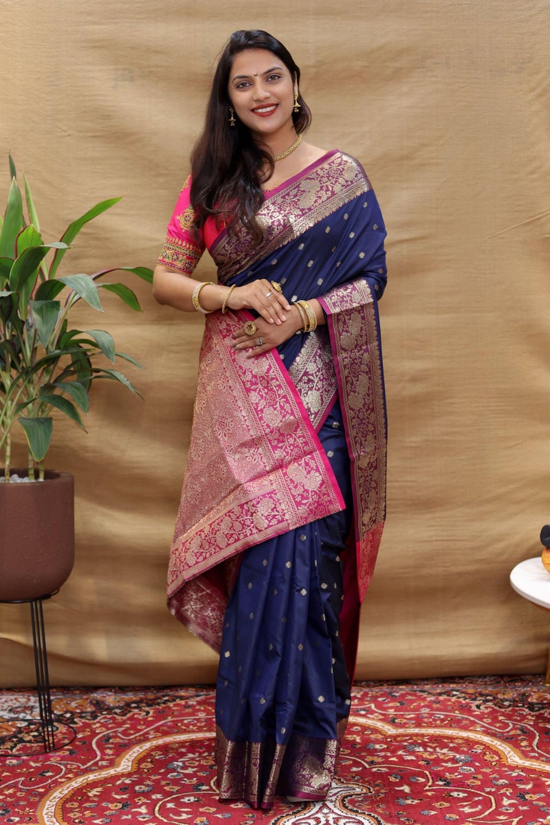 AMIRAT Women's Banarasi Saree Soft new ladies 2024 Design Wear Pattu Sarees Latest Cotton Party Sari collections With Blouse Piece for Wedding sadi (Navy Blue) - Image 3