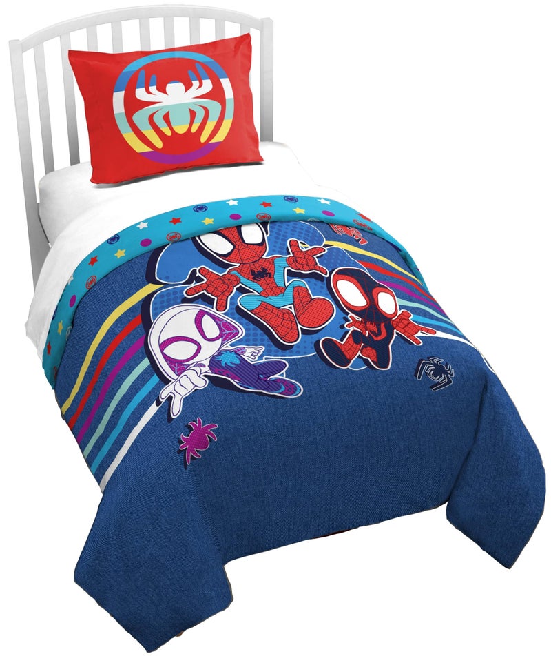 Jay Franco Duvet Cover Set â€“ 3 Piece Comforter Cover and Sham Set, Super Soft Cozy Kids Bedding (Insert Not Included) Blue - Spidey & Friends, Twin - Image 1