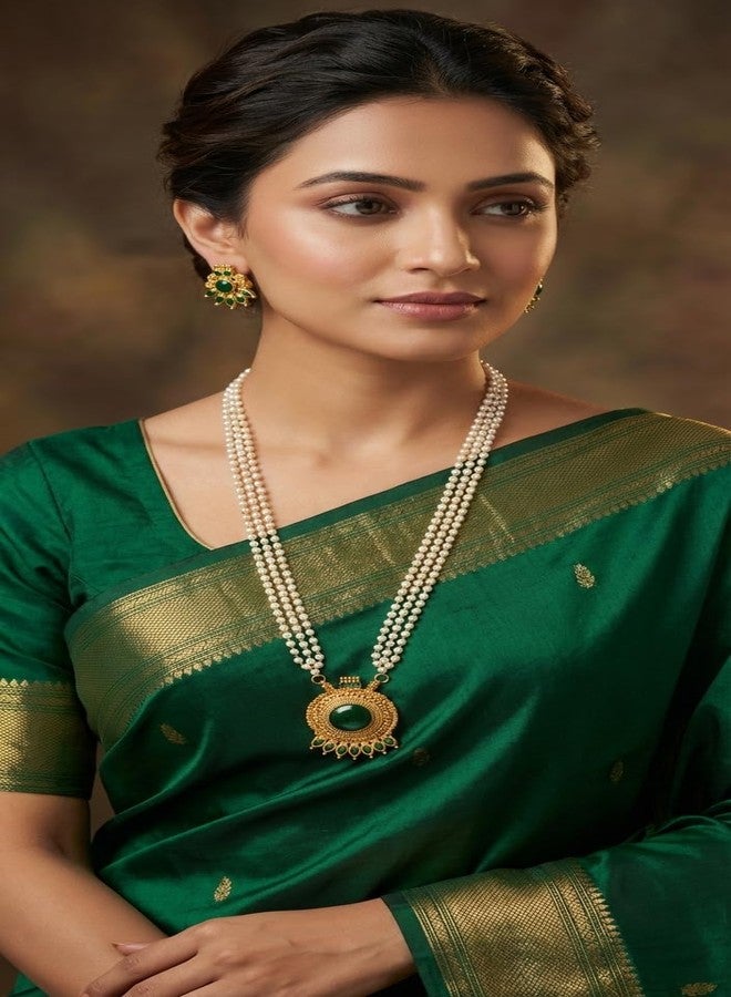 AAIKU Traditional Pearl Necklace Set with Gold-Toned Pendant and Earrings, Green Stones Stylish for Women and Girl, Ethinic Look, Matt Finishe Pendant (26 Inch) - Image 2