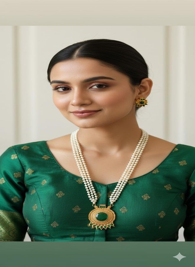 AAIKU Traditional Pearl Necklace Set with Gold-Toned Pendant and Earrings, Green Stones Stylish for Women and Girl, Ethinic Look, Matt Finishe Pendant (26 Inch) - Image 5