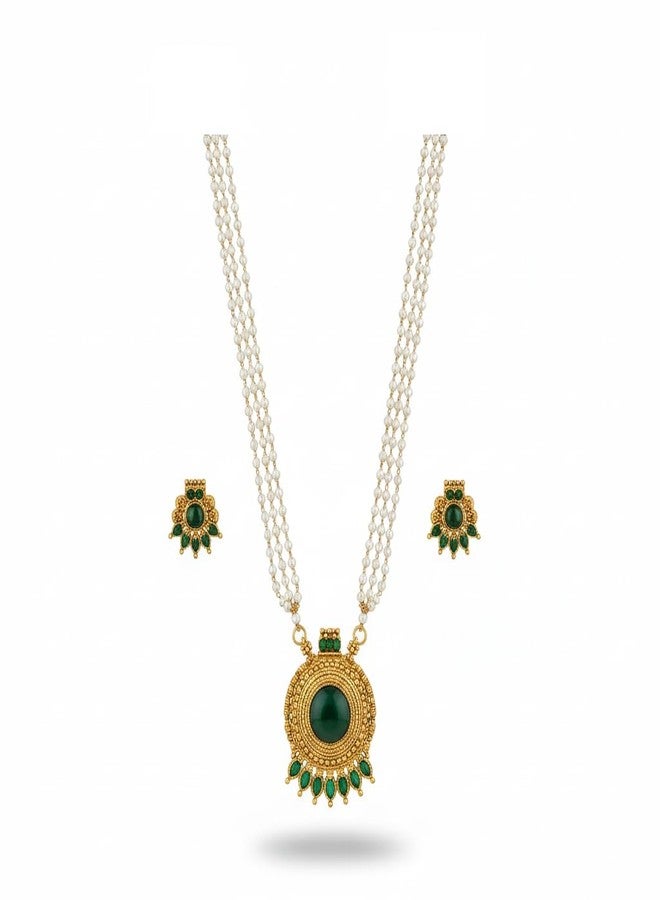 AAIKU Traditional Pearl Necklace Set with Gold-Toned Pendant and Earrings, Green Stones Stylish for Women and Girl, Ethinic Look, Matt Finishe Pendant (26 Inch) - Image 1