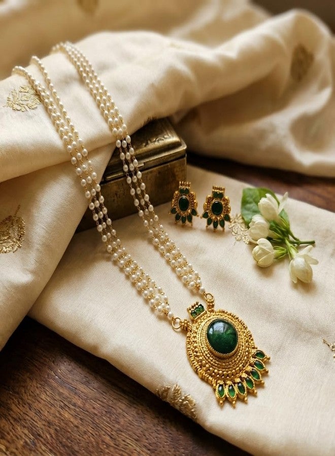 AAIKU Traditional Pearl Necklace Set with Gold-Toned Pendant and Earrings, Green Stones Stylish for Women and Girl, Ethinic Look, Matt Finishe Pendant (26 Inch) - Image 4