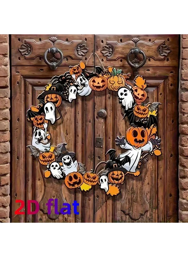 Halloween Wooden Bat Wreath Lantern Pumpkin Ornament 30cm Spooky Festival Decor - Image 3