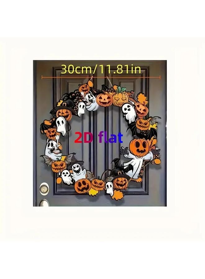 Halloween Wooden Bat Wreath Lantern Pumpkin Ornament 30cm Spooky Festival Decor - Image 2