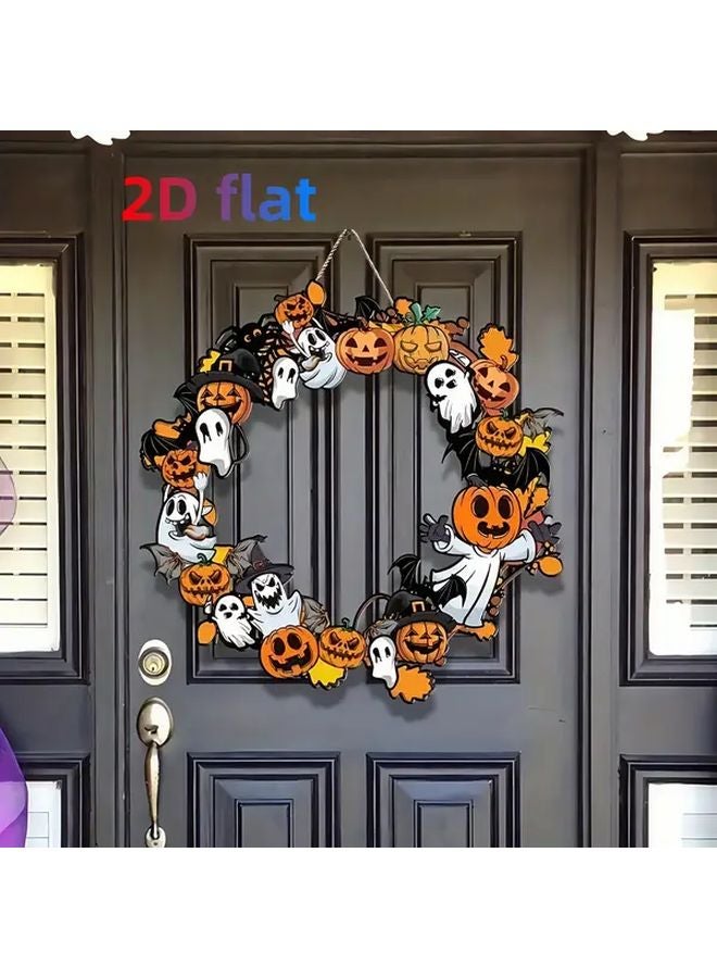 Halloween Wooden Bat Wreath Lantern Pumpkin Ornament 30cm Spooky Festival Decor - Image 4