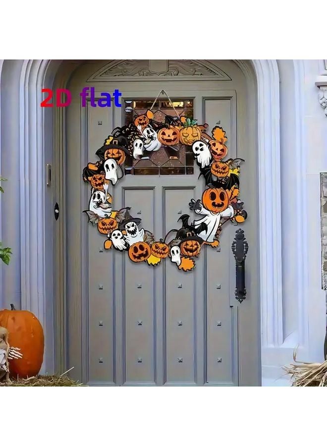 Halloween Wooden Bat Wreath Lantern Pumpkin Ornament 30cm Spooky Festival Decor - Image 5