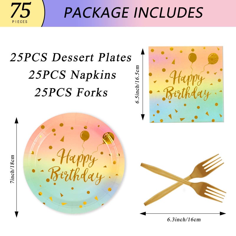 PUEVENYI 75PCS Happy Birthday Paper Plates - 7 Inch Colorful Gold Dot Paper Plates and 6.5 Inch Napkins with 6.3 Inch Gold Forks Disposable Tableware Set for Birthday Party Decorations  Serves 25 - Image 2