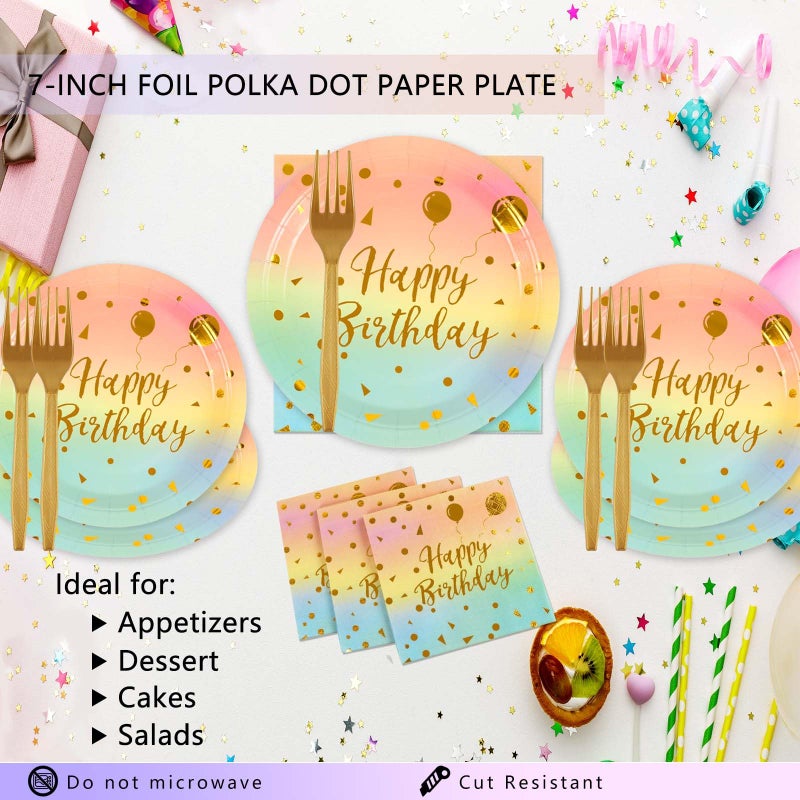 PUEVENYI 75PCS Happy Birthday Paper Plates - 7 Inch Colorful Gold Dot Paper Plates and 6.5 Inch Napkins with 6.3 Inch Gold Forks Disposable Tableware Set for Birthday Party Decorations  Serves 25 - Image 3