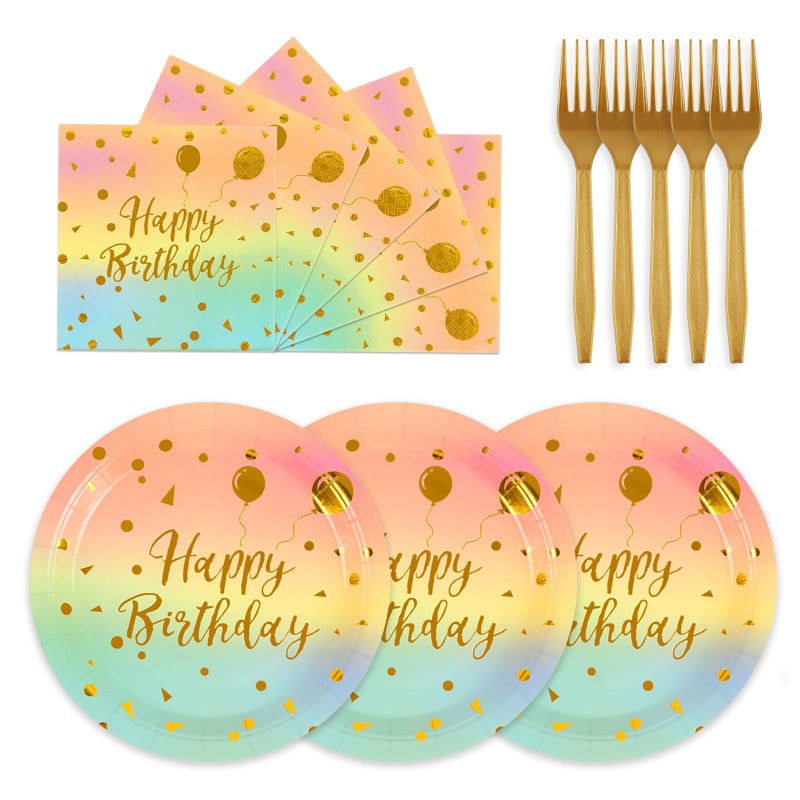 PUEVENYI 75PCS Happy Birthday Paper Plates - 7 Inch Colorful Gold Dot Paper Plates and 6.5 Inch Napkins with 6.3 Inch Gold Forks Disposable Tableware Set for Birthday Party Decorations  Serves 25 - Image 1
