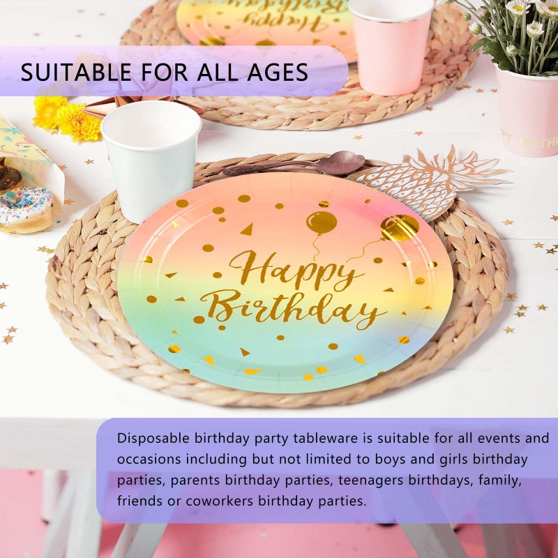 PUEVENYI 75PCS Happy Birthday Paper Plates - 7 Inch Colorful Gold Dot Paper Plates and 6.5 Inch Napkins with 6.3 Inch Gold Forks Disposable Tableware Set for Birthday Party Decorations  Serves 25 - Image 5