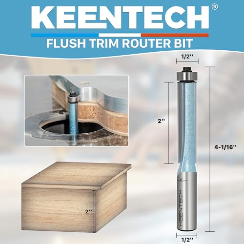 KEENTECH Flush Trim Router Bit, 1/2" Shank, Ideal for Template Work & Clean Flush Trimming, Industrial Carbide Tipped Extra-Long Bearing Pattern Bit, 1/2" Diameter, 2" Cutting Depth - Image 2